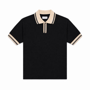 COTTON EAGLE CONTRAST COLLAR WAFFLE KNIT POLO (BLACK)