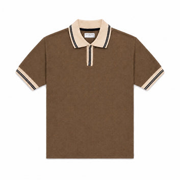 COTTON EAGLE CONTRAST COLLAR WAFFLE KNIT POLO (BROWN)