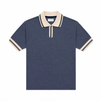 COTTON EAGLE CONTRAST COLLAR WAFFLE KNIT POLO (MELANGE BLUE)