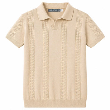 COTTON EAGLE MEN'S JOHNNY COLLAR CABLE KNIT POLO SHIRT (BEIGE)